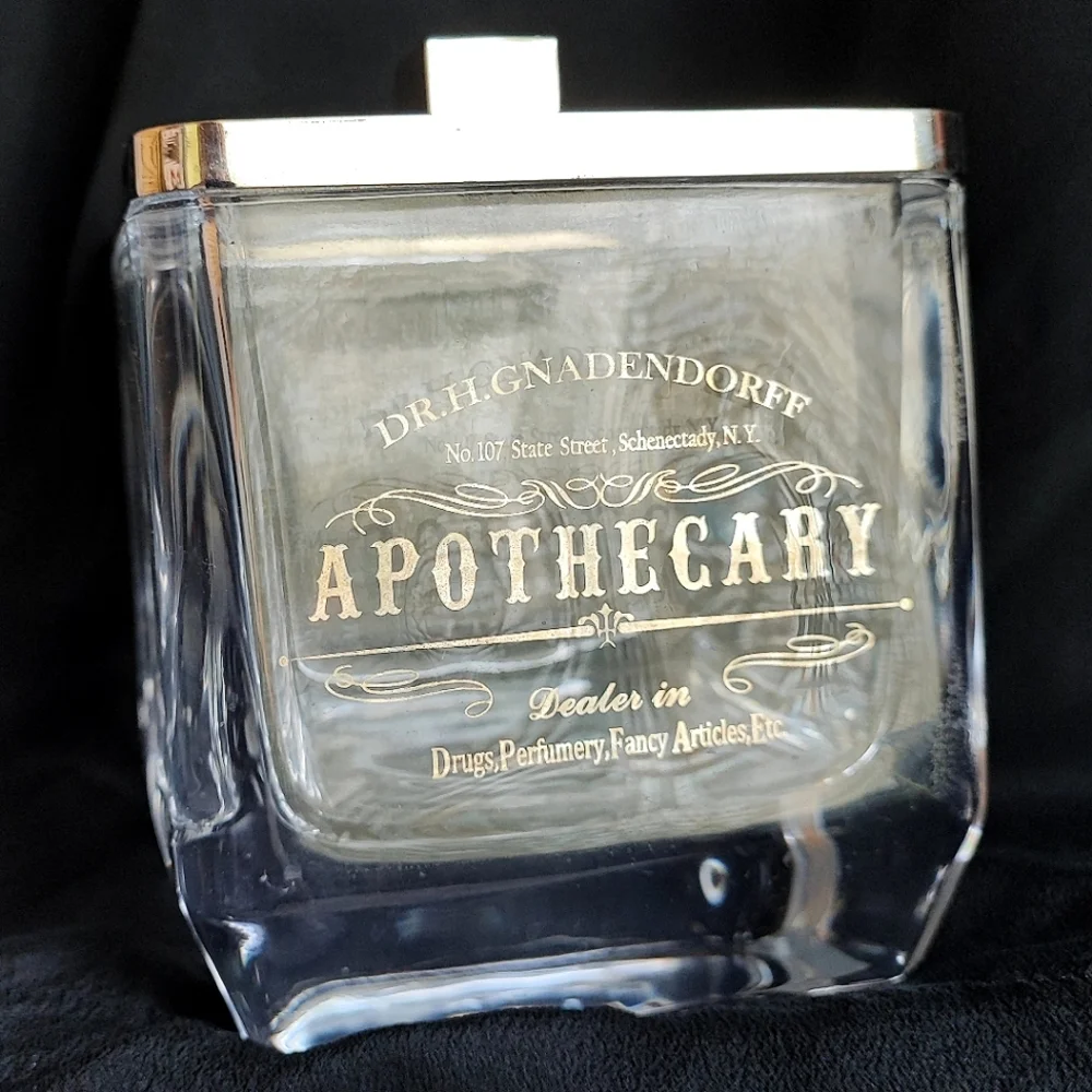 Heavy Glass Reproduction Apothecary Bath Jar Chrome Square Lid Metallic Writing